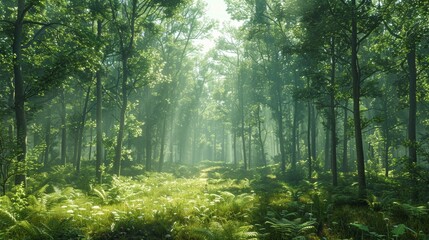 Wall Mural - serene sunlight filters through a lush forest in the early morning hours, illuminating ferns and tra