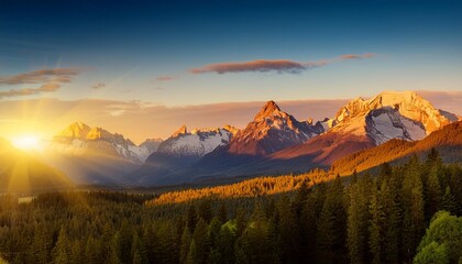 Wall Mural - a stunning landscape of a mountain range with snow capped peaks and lush forests the sun is setting casting a golden glow over the landscape well exposed photo