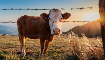 Wall Mural - view of a cow behind barbed wire