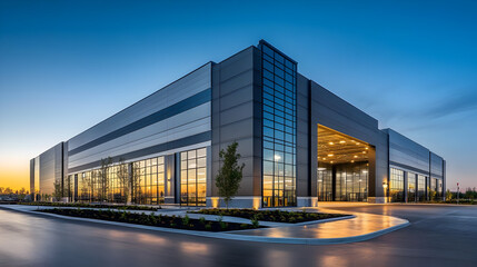 Canvas Print - Modern industrial building with large windows and a blue sky.