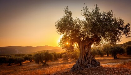 Wall Mural - an olive tree taken at sunset in greece