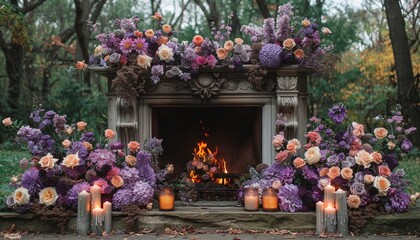 Poster - grand fireplace decorated with dark flowers and candles, creating a gothic wedding backdrop