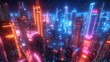 © Nottenaj - A nighttime cityscape with buildings and streets bathed in RGB neon lights, creating a vibrant, futuristic atmosphere with deep shadows and sharp contrasts