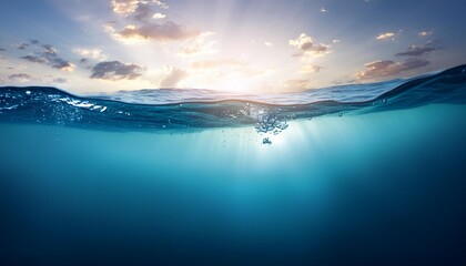 Wall Mural - blue sea or ocean water surface and underwater against sunset