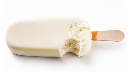 bitten popsicle ice cream bar with white chocolate coating isolated on white