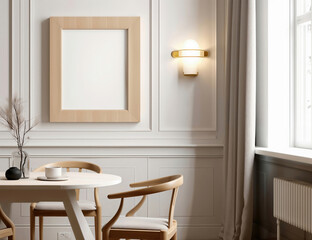 Poster - Empty wooden frame on a white wall with modern furniture in a minimalist interior, perfect for showcasing artwork or designs