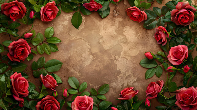 A group of red roses with green leaves on a  background with a space for text.