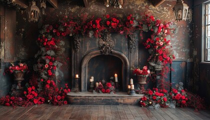 Poster - grand fireplace decorated with dark flowers and candles, creating a gothic wedding backdrop