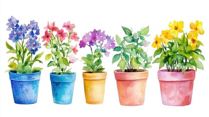 Wall Mural - Set of colorful watercolor houseplant pots with flowers in full bloom, isolated on white, capturing the essence of gardening seasons.