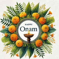 Wall Mural - Decorative round frame with leaves and marigold flowers for onam.