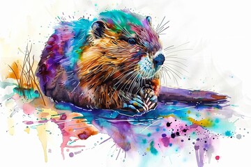 Wall Mural - A colorful watercolor painting of a beaver resting on a log in a stream