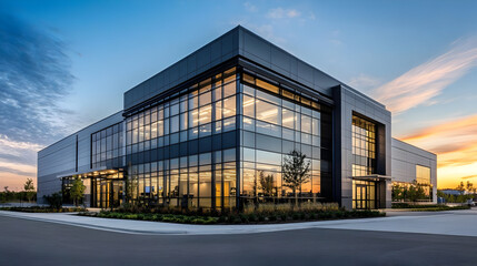 Canvas Print - Modern office building with glass facade at sunset.