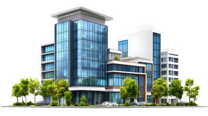 Poster - Modern office building with green trees.