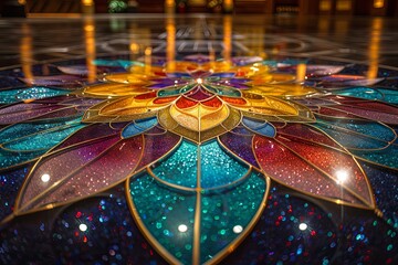 Poster - A stunning mandala pattern in rich colors sparkles on a polished surface, enhancing the tranquility of the space. Generative AI
