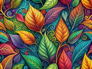 Poster - Vibrant and colorful abstract leaf pattern in a seamless design featuring intricate shapes and swirling lines, perfect for print and web backgrounds.