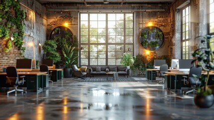 Bright and airy modern office interior with plants and natural light in a renovated warehouse setting