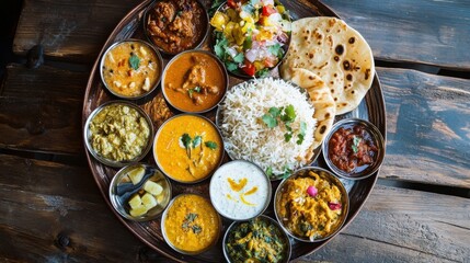 Wall Mural - An overhead view of a traditional Indian thali, featuring a variety of dishes such as curry, rice, naan, and pickles, arranged on a vibrant platter with colorful, aromatic foods.