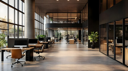 Sticker - Modern office interior with glass walls.