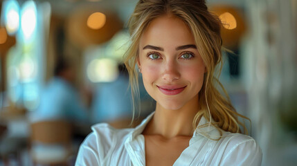 Poster - Young businesswoman smiling confidently in a busy office environment