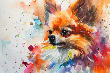 Wall Mural - A close-up watercolor painting of a Pomeranian dog with colorful splatter background