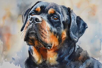 Wall Mural - A close-up watercolor painting of a Rottweiler dog