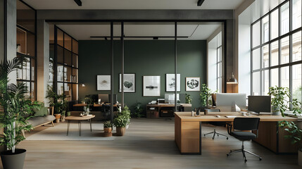 Poster - Modern office interior with green walls, plants, and large windows.