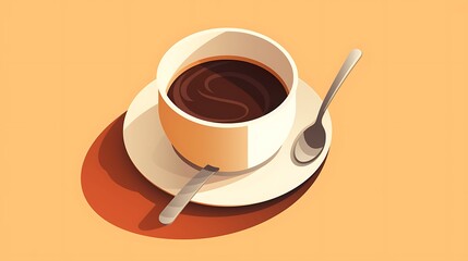 A cup of coffee isometric flat design, with a saucer and spoon, clean lines