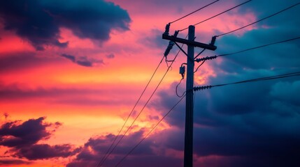 Poster - Close-up of a single electricity pole with power lines and insulators, set against a dramatic sunset sky with vibrant colors.