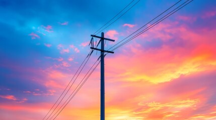 Poster - Close-up of a single electricity pole with power lines and insulators, set against a dramatic sunset sky with vibrant colors.