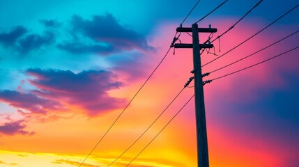 Poster - Close-up of a single electricity pole with power lines and insulators, set against a dramatic sunset sky with vibrant colors.