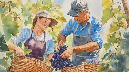 a watercolor ilration of two people, one man and another woman wearing an apron, picking grapes in t