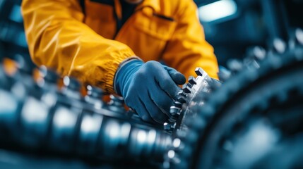 The technician in yellow uniform, displaying intense focus, repairs a large machine gear in a workshop environment, highlighting the intricacies of industrial repairwork.