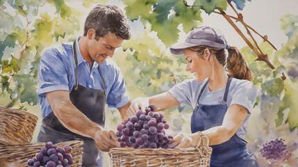 a watercolor ilration of two people, one man and another woman wearing an apron, picking grapes in t