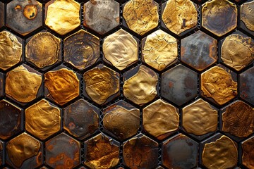Poster - A detailed composition showcasing a honeycomb pattern with varied golden textures and tones. Generative AI