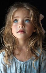 Poster - A young girl with long blonde hair and blue eyes is wearing a white shirt and a pink bow