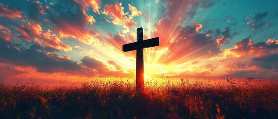 Cross Sunset Serenity Christianity Religion Spiritual Symbol - Generative AI