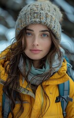 Poster - A woman wearing a yellow jacket and a knit hat. She has long brown hair and is smiling