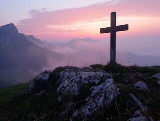 Poster - Silhouetted Cross at Serene Mountain Dawn with Hopeful Atmosphere