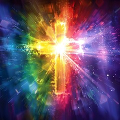 Poster - Vibrant Rainbow Cross Burst with Joyful Spiritual Concept