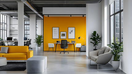 Sticker - Modern office interior with yellow wall, sofa, and desk.