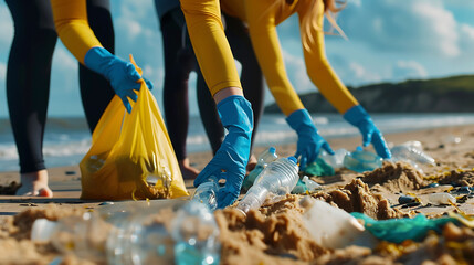 Volunteers cleaning plastic waste from beach, environmental conservation effort