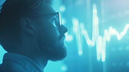 Side profile of a thoughtful man wearing glasses looking at a glowing digital screen with data visualizations in a futuristic setting.