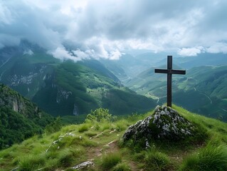 Peaceful Cross on a Hilltop Overlooking a Picturesque Valley Landscape