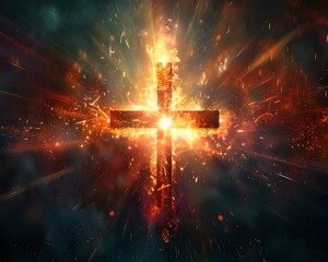 Wall Mural - glowing cross surrounded by radiant heavenly rays divine religious symbol concept