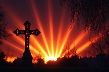 Cross Sunset Serenity Christianity Religion Spiritual Symbol - Generative AI