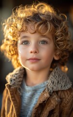 Poster - A young boy with curly hair and a brown jacket is smiling at the camera. The image has a warm and friendly mood, with the boy's smile conveying a sense of happiness and contentment