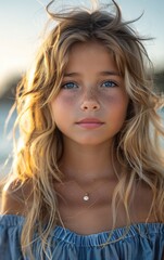 Wall Mural - A young girl with blonde hair and blue eyes is wearing a necklace and a blue dress. She has a slightly puffy nose and a smile on her face