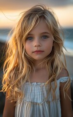 Wall Mural - A blonde girl with blue eyes stands on a beach. She is wearing a white dress and has her hair in a ponytail