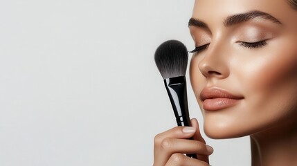 Close-up of a woman with perfect makeup holding a brush, highlighting facial beauty and skincare routine.