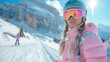 © anatoliycherkas - Young Woman in Pink Ski Gear on Powder Snow Slope in Austria